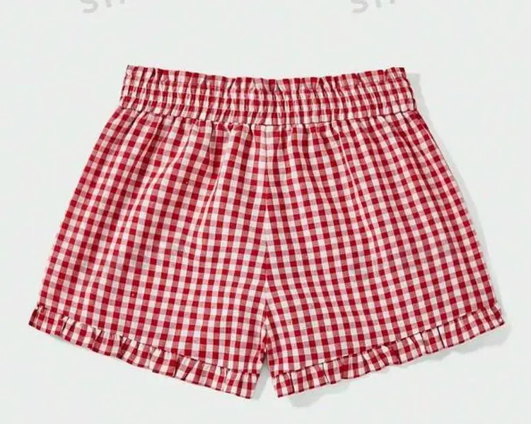 Vhein Women's Preppy Plaid Print Shorts - Elastic Waist, Patched Button Decor, Comfy Casual Straight-Leg Baggy Bottoms for Beach Wear, Fit