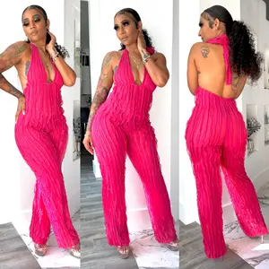 Echoine Semi-Sheer Jumpsuit Halter Textured Ruffle Backless Solid Minimalist Fashion for Women - Soft Basic, Comfortable Summer Outfit High Waist Trendy