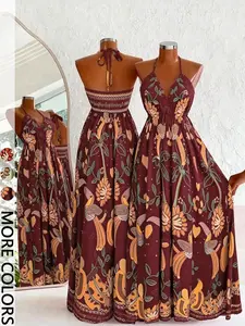 Women's Vacation Bohemian Boho Floral Bird Print Halter Backless Drawstring Long Dress, Casual Fitted All over Print, Summer Fashion