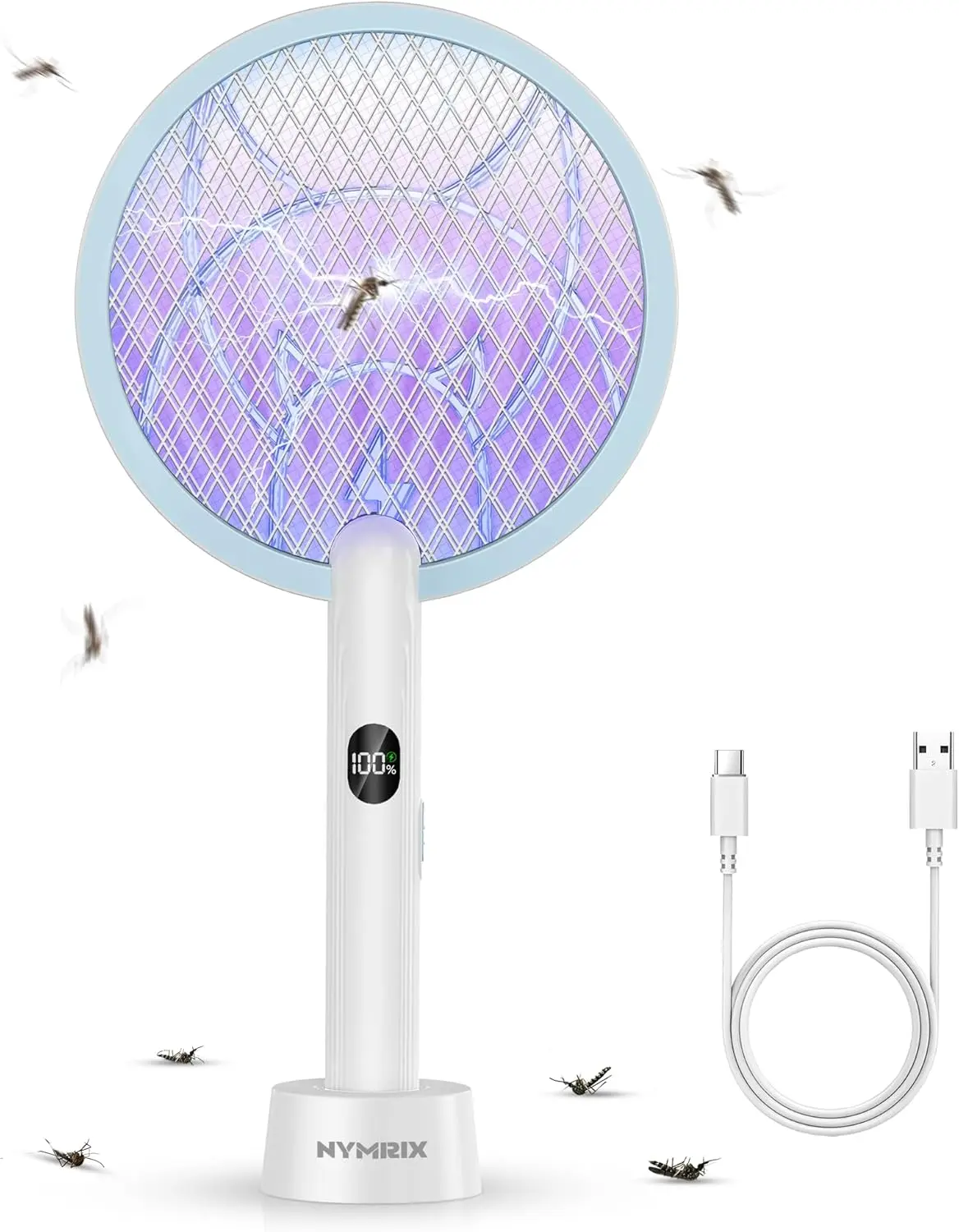 Electric Fly Swatter Racket, 2 in 1 Mosquito Bug Zapper  Handheld Mosquito Killer with  Rechargeable Battery, Purple Light and 3-Layer Safety Mesh for Indoor Outdoor