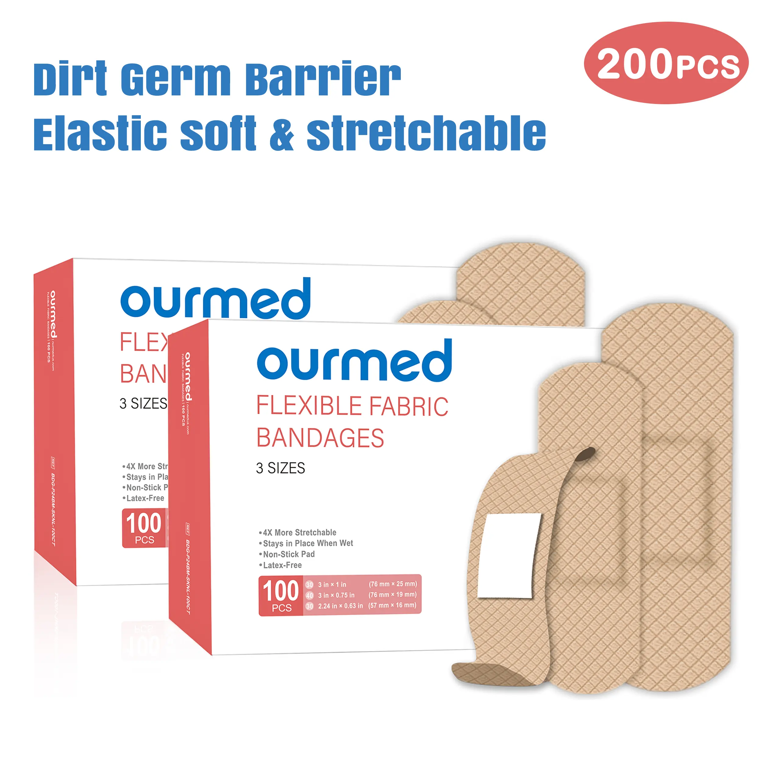 Ourmed Comfortable Stretchable Flexible Fabric Adhesive Bandages, Daily Multi-Pack (200/100 Count), Latex-Free First Aid Bandages with Non-Stick Pads for Wound Care, Cuts, Blisters, Assorted Sizes