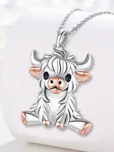 Highland Cow Silver Color Pendant Necklace, Cute Scottish Highland Cow Charm, Unisex Daily Wear Jewelry Gift for Mom Birthday Mother's Day