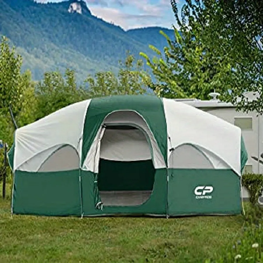 CAMPROS CP Tent 8 Person Camping Tents, Weather Resistant Family Tent, 5 Large Mesh Windows, Double Layer, Divided Curtain for Separated Room, Portable with Carry Bag Dark Green