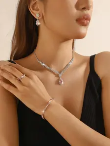 5-piece exquisite and elegant pink waterdrop-shaped rhinestone jewelry set, elegant ladies' evening party style bridal wedding jewelry pendant necklace set tennis chain jewelry set (1 necklace + 2 earrings + 1 bracelet + 1 ring)