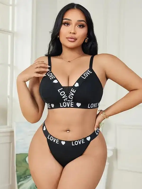 THICK THIGH TRIBE Plus Size LOVE Lingerie Set, 2-Piece with Heart Print Band, Soft Double-Layered Light Support Bra and Adjustable Straps for Everyday Wear, Padded, Elastic, Comfortable, Polyester, Breathable
