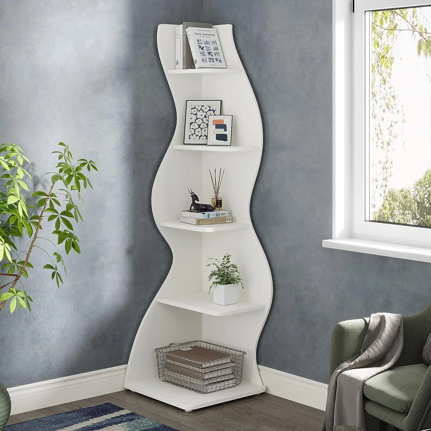 Tribesigns 5-Tier Corner Shelf, Modern Small Bookcase Storage Rack Plant Stand with Unique Shape for Living Room, Home Office Organiser