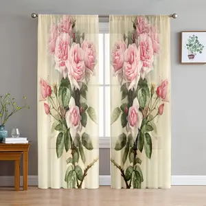2D Flat 2Pcs floral print rose themed living room curtains, pole hung semi blackout, transparent, bedroom, home decorative, Home Decoration Curtain, Window Curtain