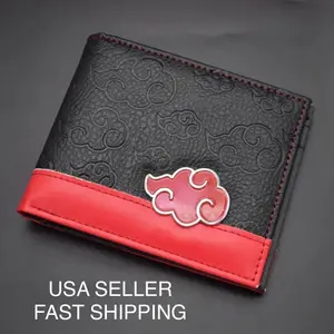 Akatsuki Wallet - Red Cloud Symbol Hidden Leaf Symbol Japanese Manga PU Leather pendant Foldable Card Cash Zipper Coin Pocket Indent Pattern