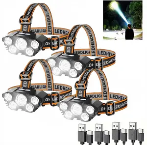 4-Pack Rechargable LED Headlamp with 5 Super Bright LED Lamp Beads, Powerful Flash Lights with 4 Lighting Modes, Waterproof Lightweight Headlights for Night Fishing, Outdoor Camping, Running, Cycling, Hiking & Climbing, Survival Kit Supplies, Unique Gifts
