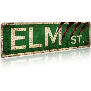 Retro Distressed "ELM ST." Horror-Themed Aluminum Sign 4×16 Inch – Green Vintage Street-Style Wall Decor for Halloween, Horror Fan Man Caves, Spooky Home Bars, Haunted House Displays & Gothic Indoor/Outdoor Accents,home decor wall art