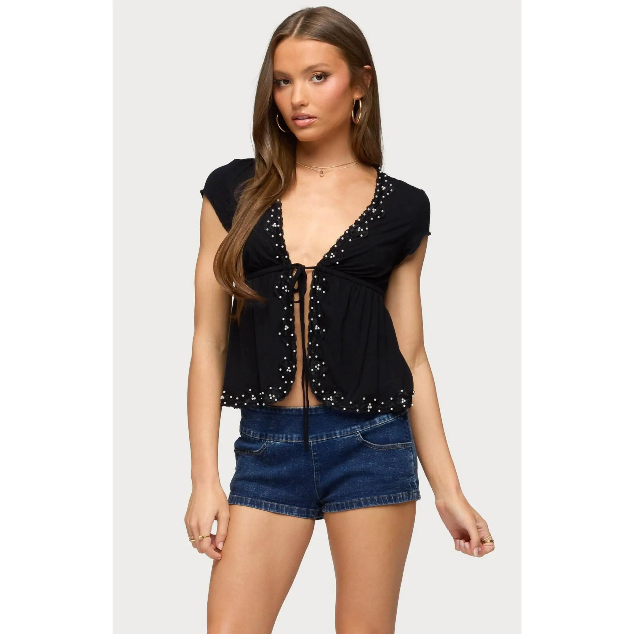 Edikted Women's Sepede Lacey Pearl Tie Front Top