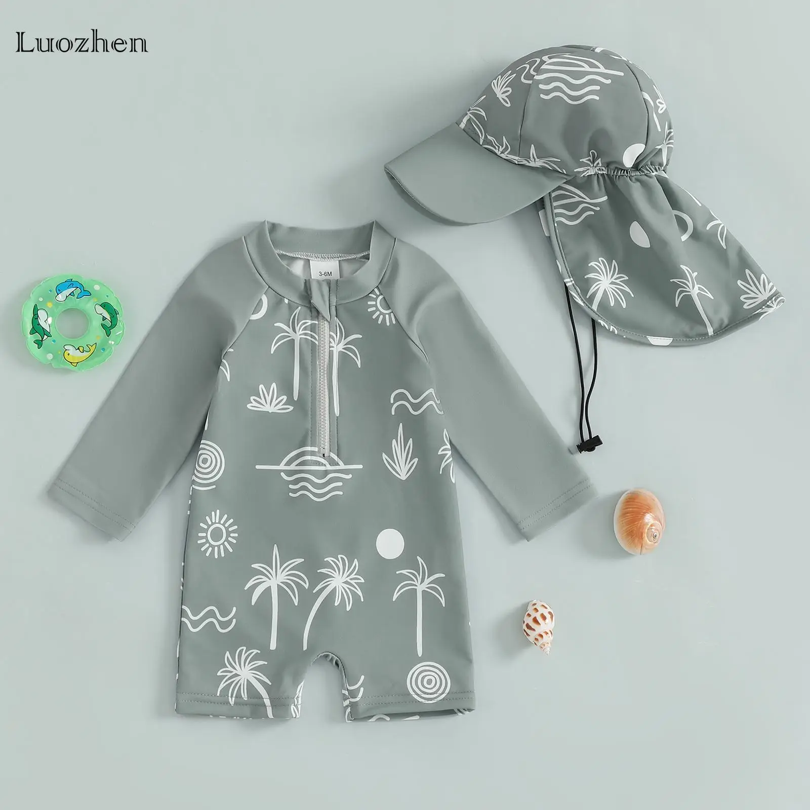 Infant Boy Baby Cute Fashion Sun Protection Swimsuit Coconut Tree Print Long Sleeve Turtleneck Zipper Swimsuit with Hood 2-Piece Set Swimwear