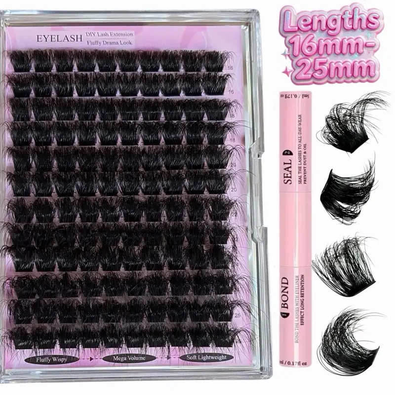 16mm-25mm Fluffy Lash Clusters Mega Volume 300D Soft D-Curl Individual Dramatic DIY Eyelash Extensions Bond & Seal Included Lightweight Long Lasting Easy Application 120PCS Beginner Makeup Cosmetic