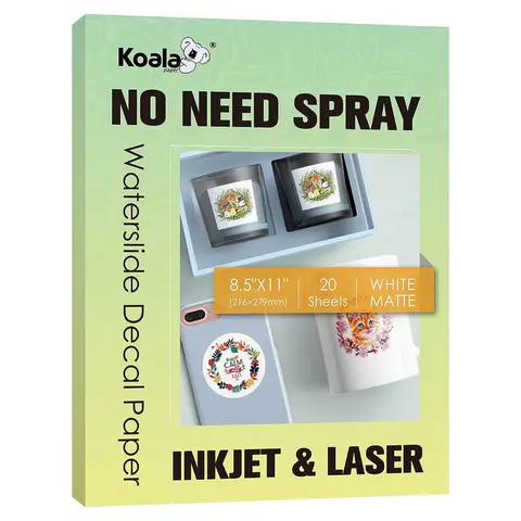 Koala No Spray Needed White Waterslide Decal for Inkjet & Laser Printer 20 Sheets Durable Matte Finish Easy DIY Gifts, DIY Craft Paper