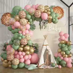 168Pcs Jungle Safari Balloons Garland Arch Kit Animal Printed Pink Sage Green Balloons Wild One Giraffe Leopard Safari Baby Shower Decorations for Girl Birthday Party Supplies