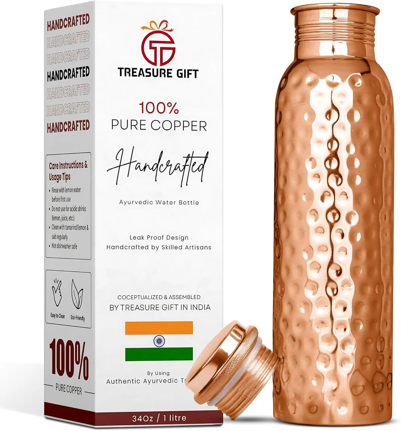 100% Pure Copper Water Bottle 34 oz – Hammered Ayurvedic Copper Bottle for Drinking Water, Leak-Proof Lid, Joint-Free, Rust-Resistant, Eco-Friendly Reusable Water Bottle for Daily Hydration