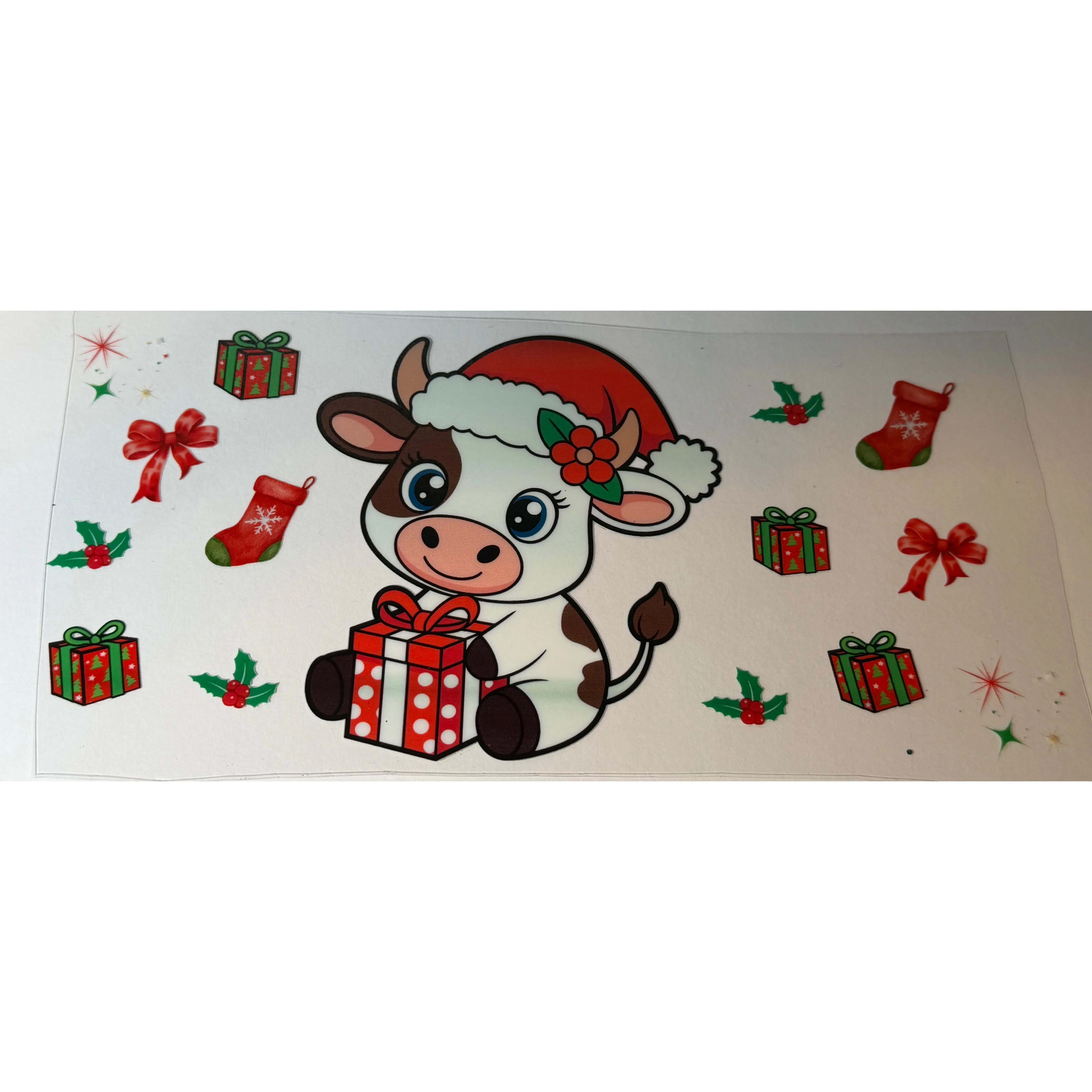 Cute Christmas Cow UV DTF Wrap | Santa Cow with Gifts Tumbler Decal