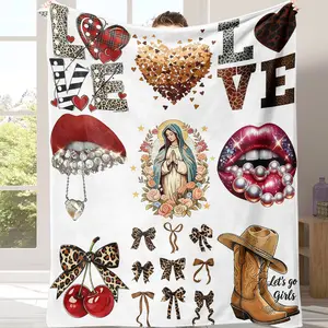 Sale! Valentine's Day exclusive blanket A colorful collage of patterns, featuring elements such as hearts, lips, bows, cowboy boots and religious figures.his is the best gift for couples, children, parents and friends, and it can express deep love.