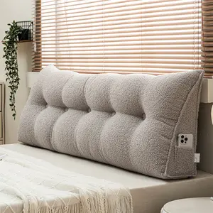 BEKRVIO Gray Teddy Velvet Bed Headboard Wedge Pillow with Side Pockets & Removable Cover Back Support Reading Cushion for Bed Sofa