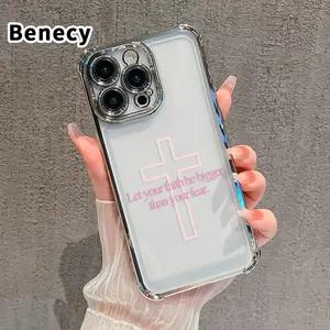Faith Over Fear Pattern Four Corner Anti-Fall Phone Case Transparent Electroplated Protective Cover for iPhone 16 Pro Max 15 Plus 14 13 12 11 E