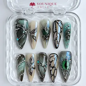 Younique Nails 2025 | MY Studio | Silverthorn Veil | 10PCS 100% Handmade Press-On Nails | Reusable Colorful Art Glossy Design Acrylic Luxury Long Lasting 3D Stylish Office Wear Floral Embellished Rhinestone salon-quality