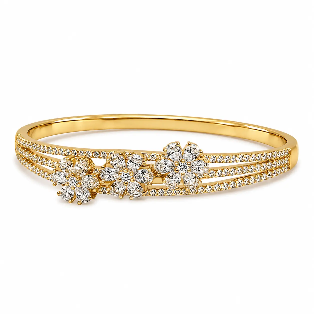 Gold-Tone Triple Floral Bangle Bracelet with Marquise-Shaped Clear Accents and Sparkling Multi-Row Bands for Women