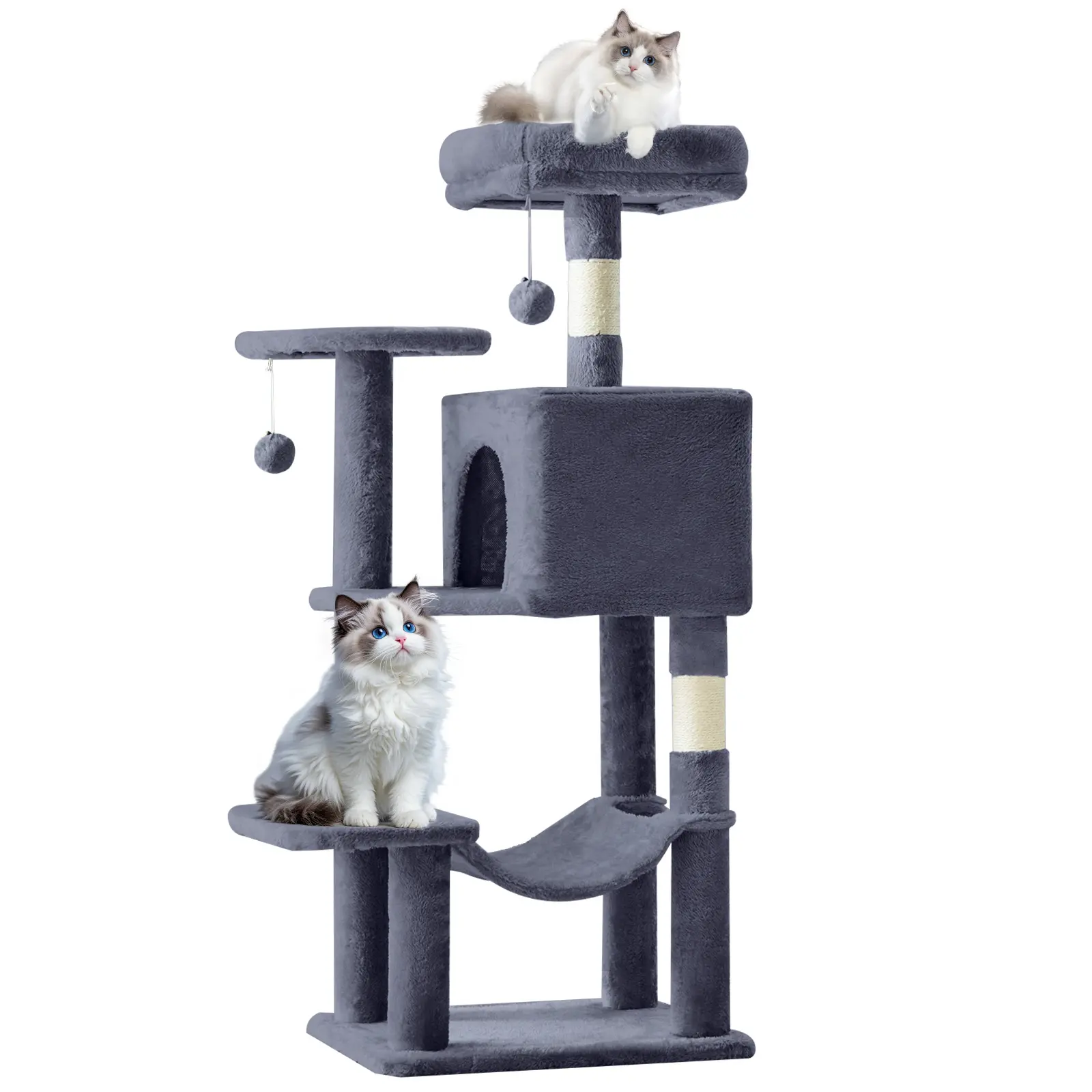 Small Freestanding Modern Particleboard Condo Cat Tree Tower (44-66 in) - Kitty Ball Play Towers & Trees with Natural Sisal Claw Posts, Extended Platform, Hanging Hammock, Privacy, Climbing & Perching Needs for Indoor Kittens