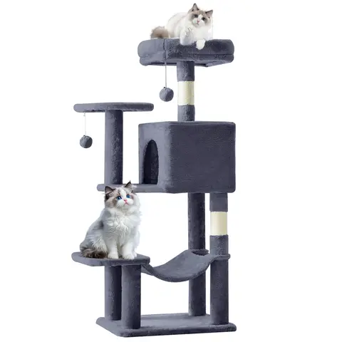 Sweetcrispy Modern Small Freestanding Particleboard Cat Tree Tower (44-66 in) - 2 Condo Hideouts, Natural Sisal Claw Sharpener Posts, Extended Platform, Hanging Hammock with Stand, Antitip Stability, Space-Saving for Indoor Kittens
