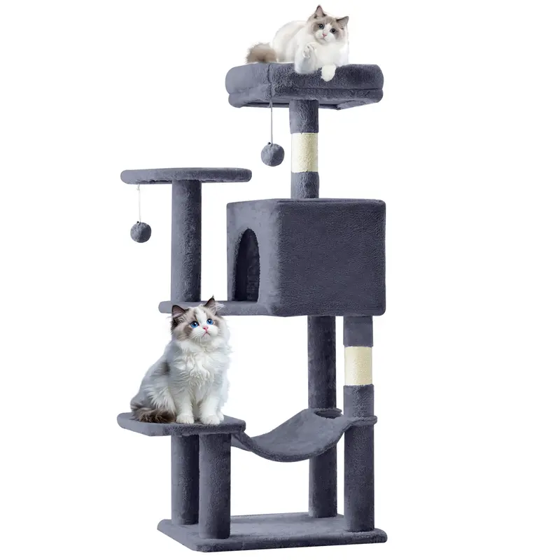 Sweetcrispy Modern Small Freestanding Particleboard Cat Tree Tower (44-66 in) - 2 Condo Hideouts, Natural Sisal Claw Sharpener Posts, Extended Platform, Hanging Hammock with Stand, Antitip Stability, Space-Saving for Indoor Kittens