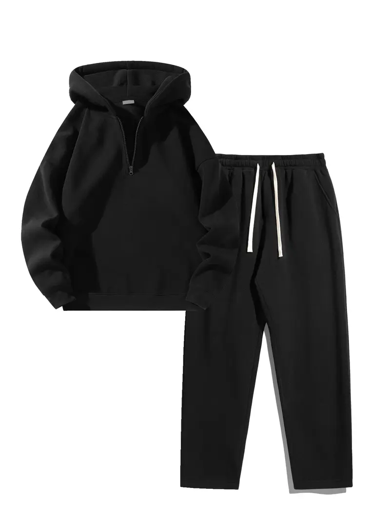 Autumn And Winter Two Piece Set Men'S Solid Color Casual Sports Suit, Half Zip Up Hooded Sweatshirt With Drawstring Waist And Pockets, Straight Leg - Fleece Lined, Warm Autumn Winter Outfit
