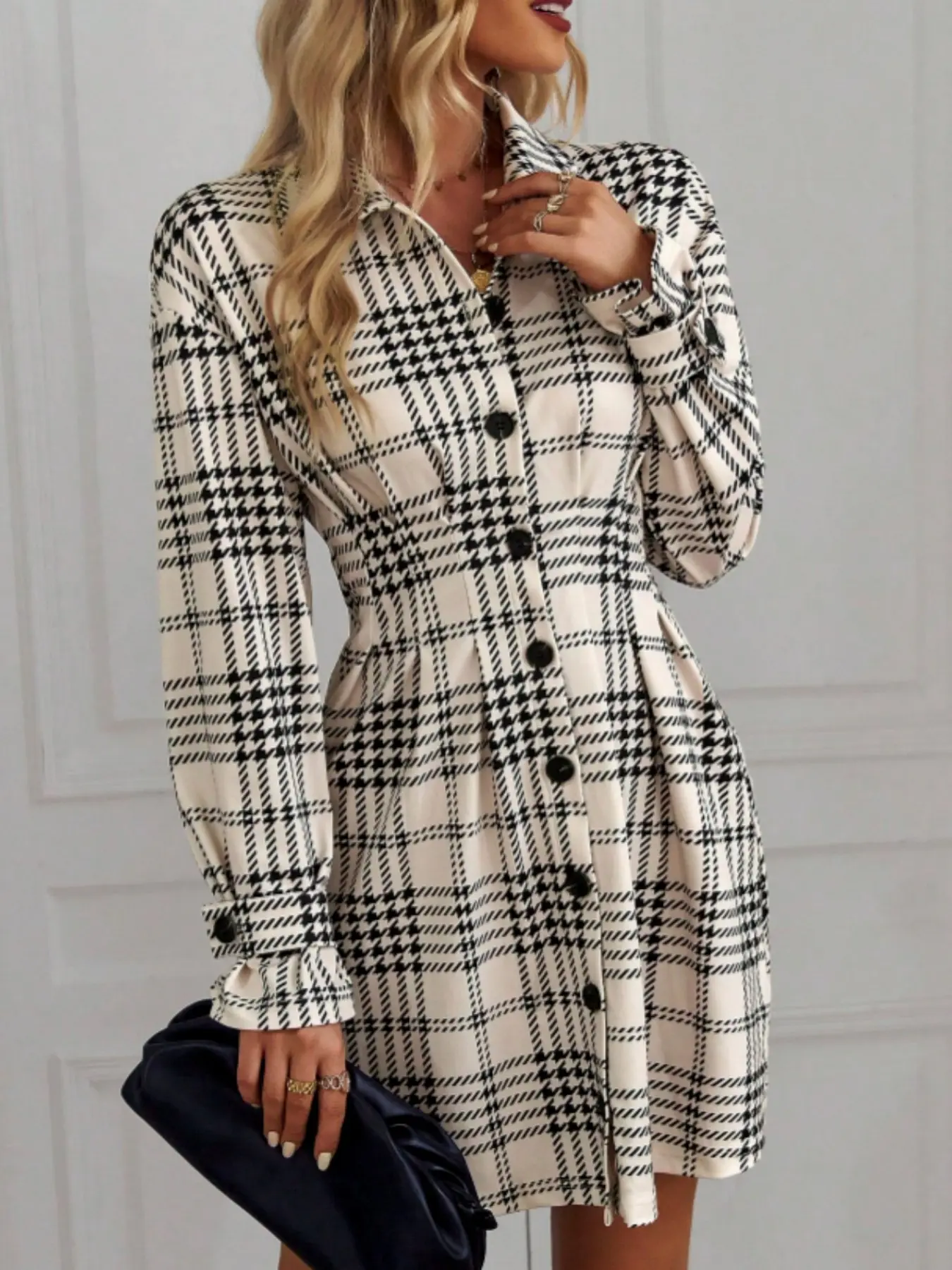 A women's apriko check lapel waist slimming A penum Plaid dress is versatile in autumn and winter Casual Wear