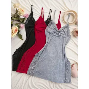 3pcs Of Women's Solid Lace Nightdress, Lace Panels, Skirt Side Slits, Sexy Lace Home Nightdress
