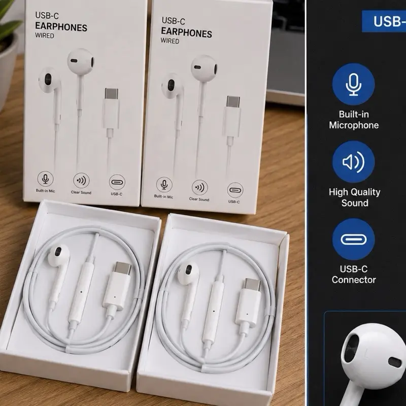 2-Pack MFi Certified USB-C Wired In-Ear Earphones - Clear Audio, HD Microphone, Portable Electronic Device Headset for iPhone
