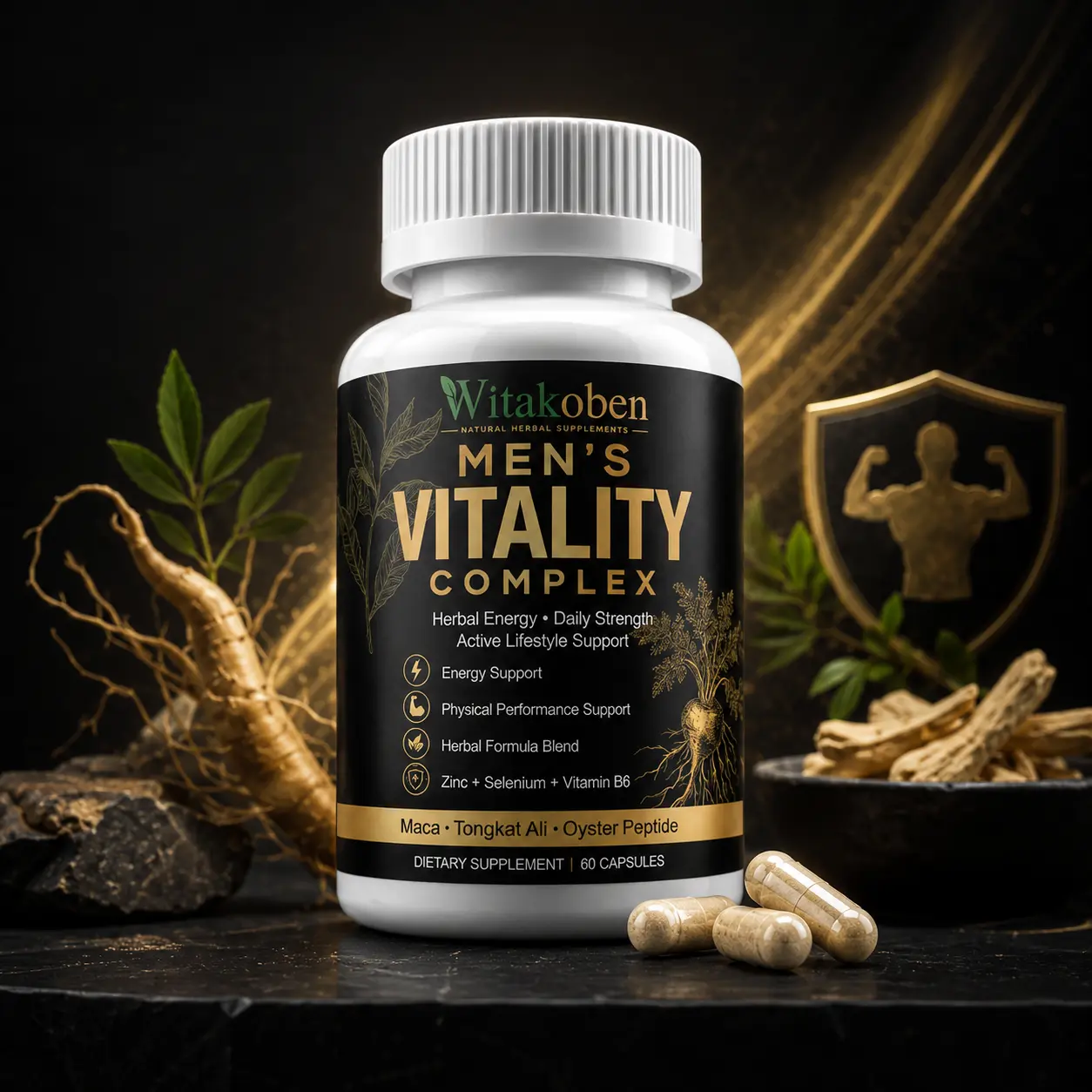 Maca Root Capsules for Men, Tongkat Ali Supplement for Men with Oyster Peptide, Zinc, Selenium and Vitamin B6, 8-Ingredient Herbal Nutrient Blend for Daily Energy Support, Busy Men, Long Workdays, Travel, Fitness and Everyday Active Routines, 60 Capsules.