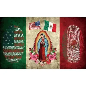 Mexican American Flag Tapestry with Virgin of Guadalupe, 3x5 Ft Full Print Bright Light Linen-Cotton Banner, Decorative Indoor/Outdoor Wall Decoration Gift for Boyfriend