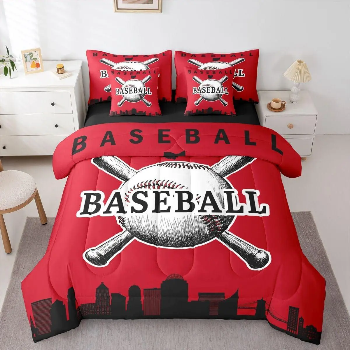 Baseball Kids 7 Pcs Bedding Set,Softball Bed in A Bag Baseball City Comforter Set with Sheets Sports Games Bed Set,for Boys Teens Men Bedroom Decor,Red