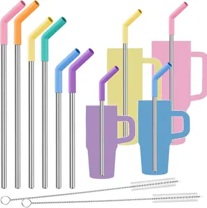 Tomorotec 6-Pack Stainless Steel Reusable Straw with Silicone Tip 3 Sizes, Metal Drinking Straws Fit for Stanley Quencher Tumblers 40oz, 30oz, 20oz, 14oz, Cleaning Brushes Included