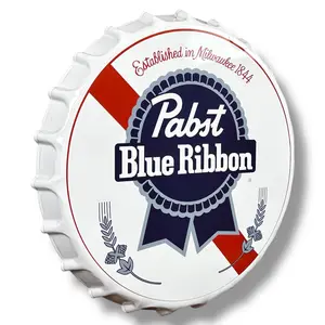 Pabst Blue Ribbon PBR Beer Metal Wall Sign, 16 Inch Bottle Cap Design, Vintage Style Beer Home Decor