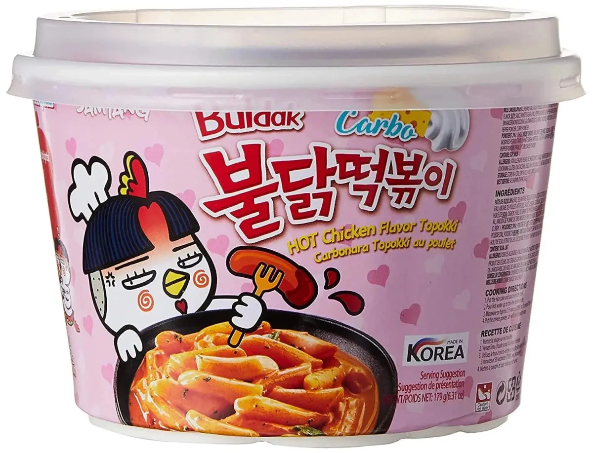 Samyang Buldak Carbo Spicy Sauce Hot Chicken Flavor Topokki Bowl, 1 Count Instant Pantry Powder Item, Ambient Food with Chicken Flavor