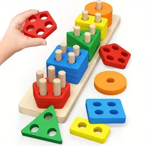 Recycled Wood Building Blocks Toy, Educational Color and Shape Sorter Wooden Puzzle, Fine Motor Skills, Christmas Birthday Gift