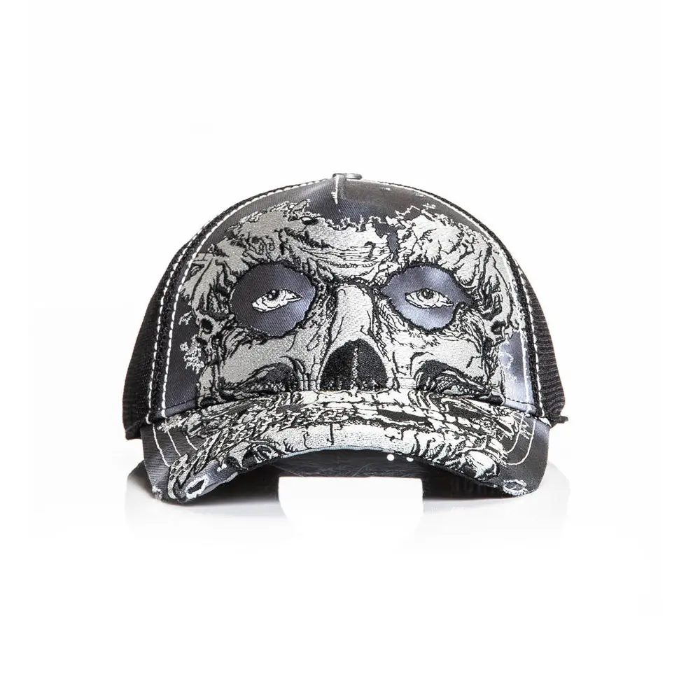 Affliction Misfits Skully 5-Panel Trucker Hat, Adjustable Snapback with Distressed Twill and Mesh Panels, Adjustable Headgear Hats