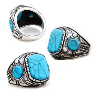 Male Antique-Look 3-Stone Turquoise Ring, Western Stainless Steel Band with Square Center Stone