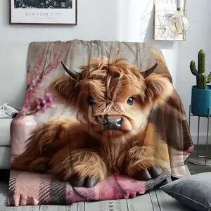 Cute Highland Cow Print Flannel Blanket, Soft Comfortable Throw for Bed Sofa Office Camping, Modern Home Decor Gift for All Seasons