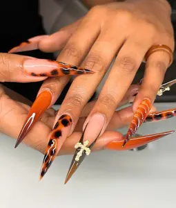 Beautiful Autumn Super Stiletto Press on Nails, Custom Nails With Brown Dots, French Tips, Fake Acrylic Nails, Fall Nail, Brown Nail Set