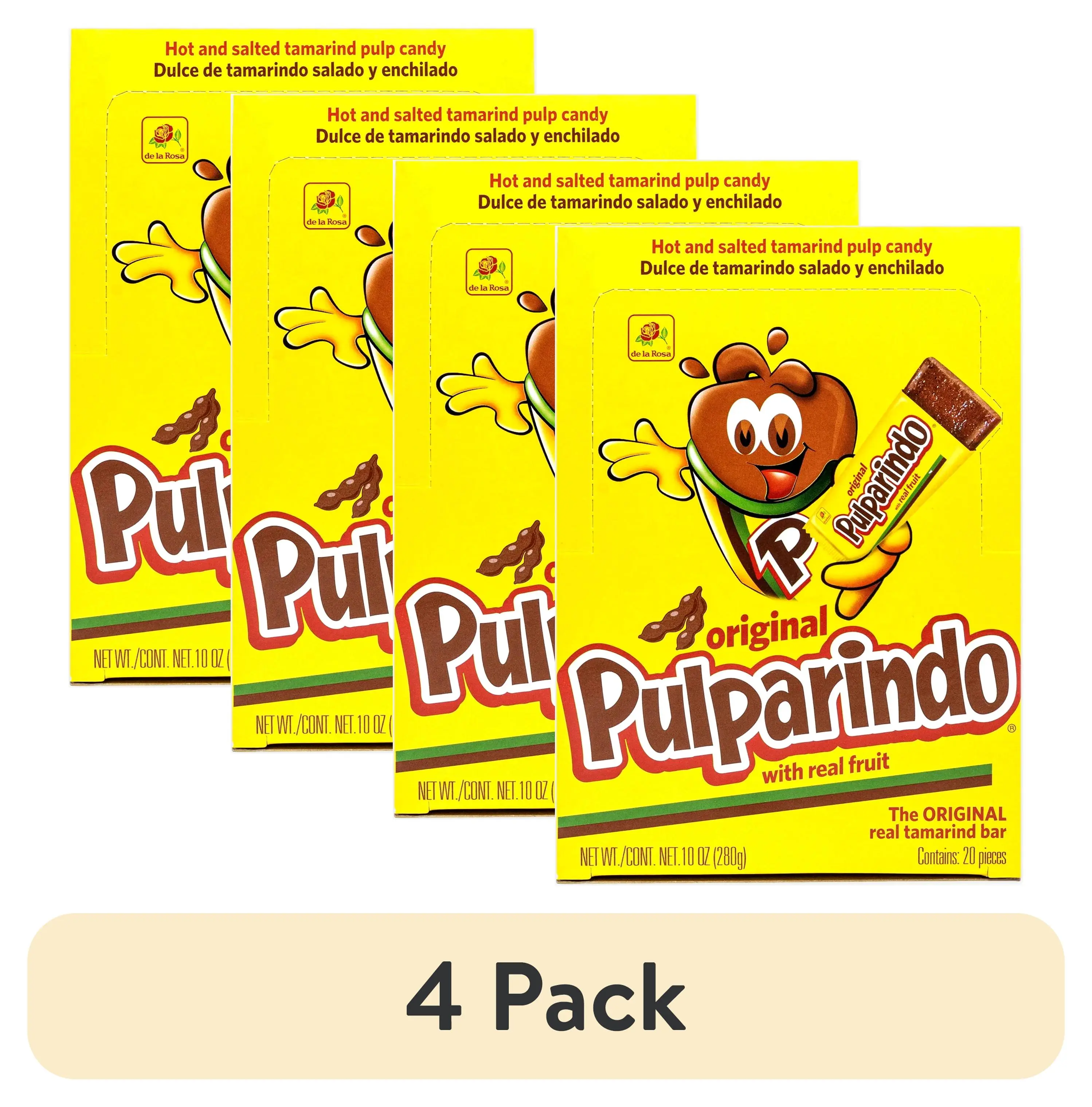 (4 pack) De La Rosa Pulparindo Tamarind Candy, Original Hot and Salted Mexican Candy, 20 Count