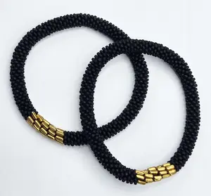 Set of 2 Handmade Nepal Czech Glass Seed-Bead Crochet Bracelets Boho Chic Roll-On Bangles One-Size Fits Most Women's Fashion Jewelry Boho Hippie Beaded Bracelet Bangles Artisan-Made Accessories Black Unisex