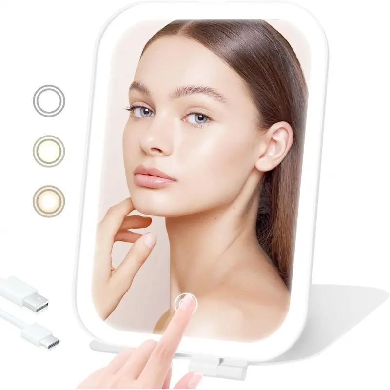 Travel Makeup Mirror, Portable Mirror with 3 Adjustable Light Settings, USB-Rechargeable Vanity Mirror with Lights,Gift for Women and Girls