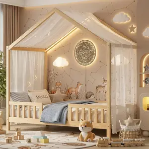 Twin House Bed for Kids with High Rails, Montessori Floor Beds Twin with Roof & Canopy, Wood House Bed Frame for Boys Girls, No Box Spring Needed, Natural/White/pink