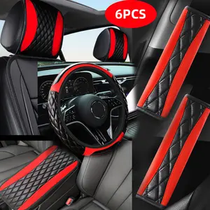 6pcs Luxury PU Leather All-in-One Car Interior Set - Fit Steering Wheel Cover, Seat Protectors, Seat Belt Covers & Center Console Covers, Ergonomic Design, Universal Car Accessories Set for SUV, Sedan, Truck