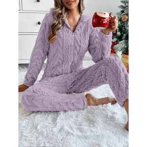 Women's Cozy Fuzzy Zip-Up Jumpsuit Overalls - Long-Sleeve Hooded Polyester Soft Textured Knit Clothes, Warm Casual Versatile Wear for Fall, Winter Chilly Days